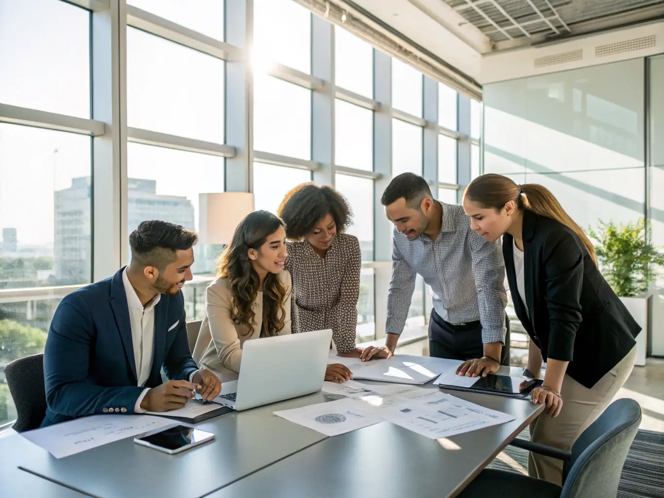 A diverse team of professionals collaborating around a table, reviewing integration plans and discussing strategies for aligning operations and cultures after an acquisition.