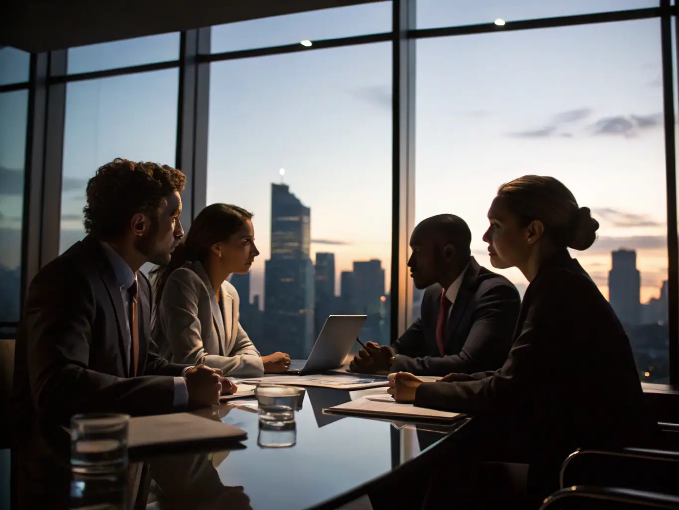 An image of professionals in a high-stakes negotiation room with financial charts and laptops, representing Strategic M&A's M&A Deal Execution service.