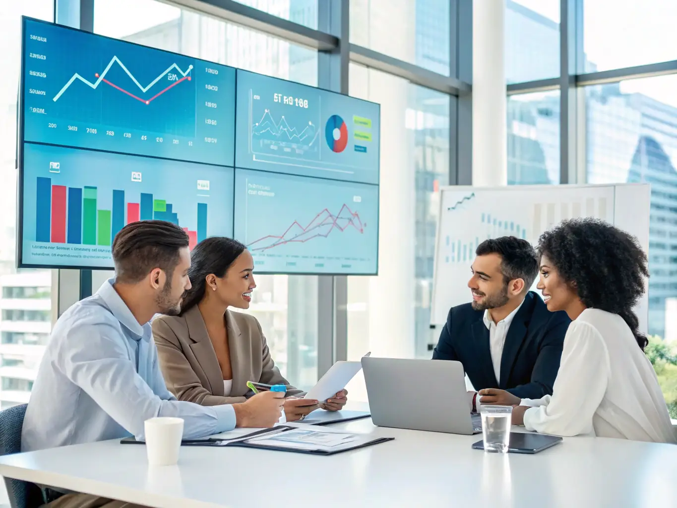 A team collaborating over integration plans with charts and digital dashboards, illustrating Strategic M&A's Post-Acquisition Integration service.