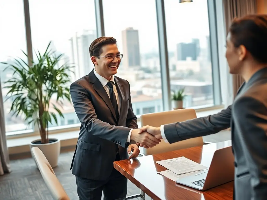 A professional businessman in a suit confidently shaking hands with a businesswoman in a modern office setting, symbolizing a successful deal closing in M&A deal execution.