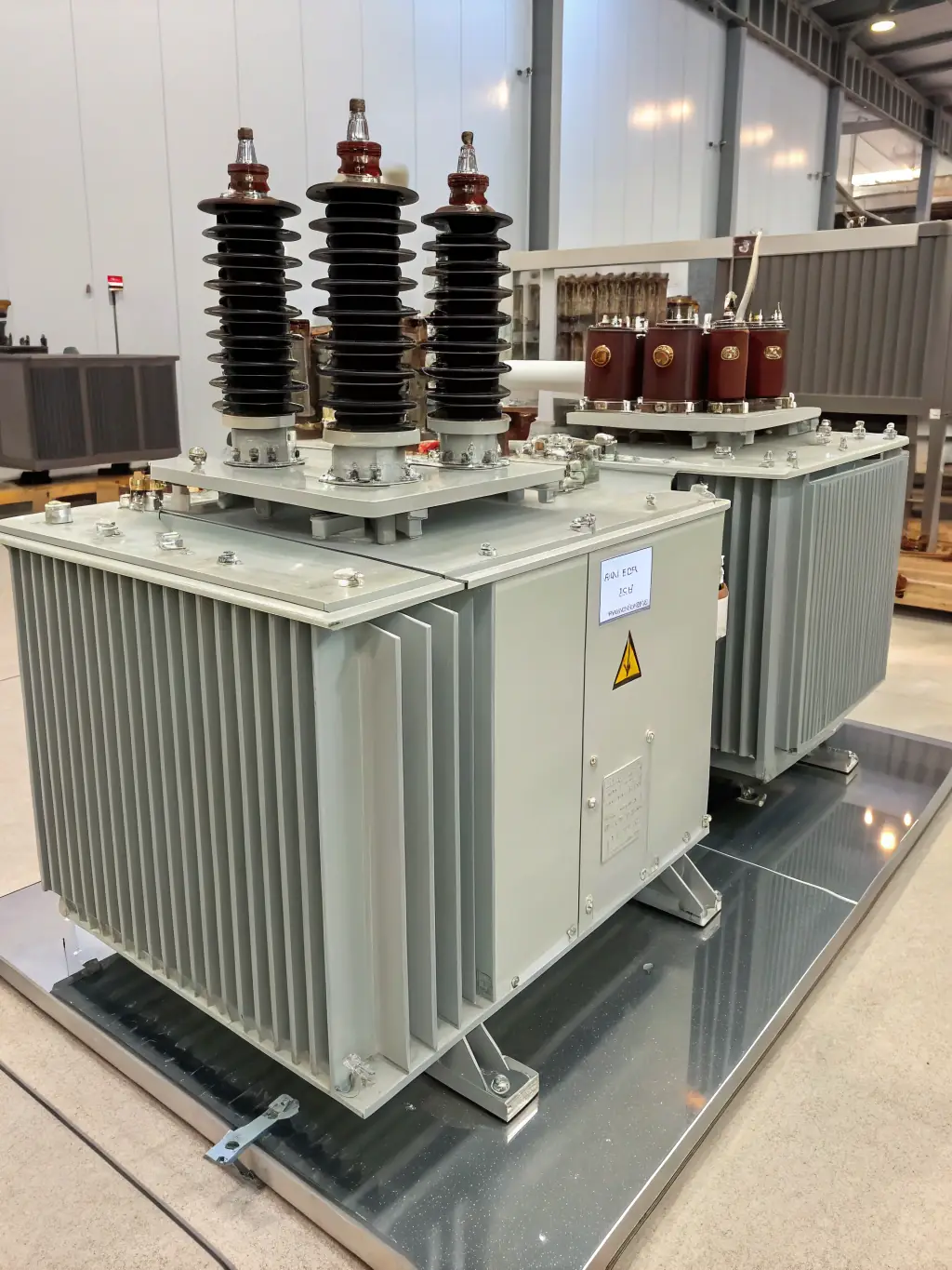 A detailed image of a high-voltage transformer in a substation, showcasing its robust design and critical role in energy distribution. The setting should be an operational power grid.