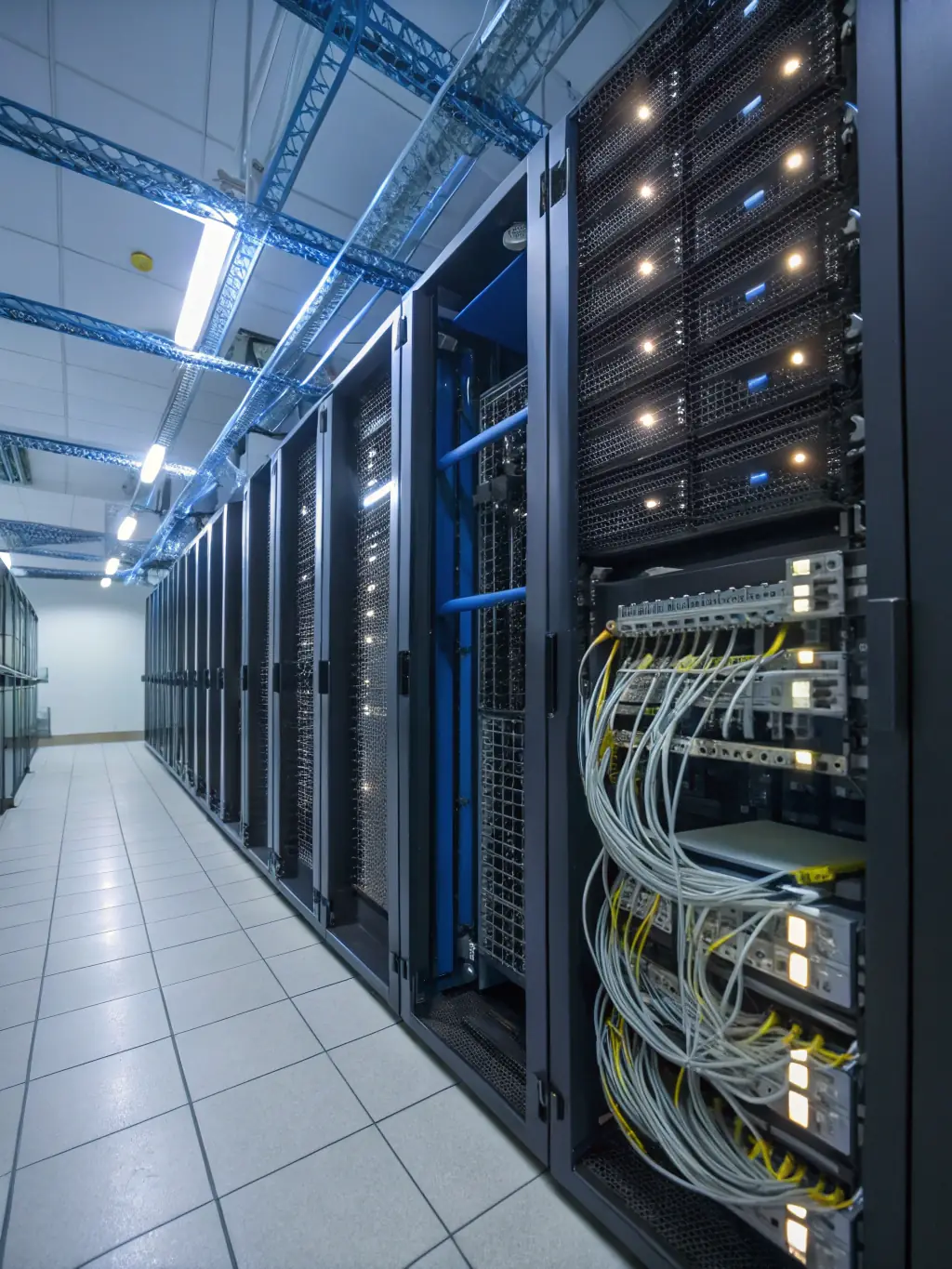 An image of a secure, state-of-the-art data center powered by a reliable electricity supply, highlighting the importance of uninterrupted power for critical operations.