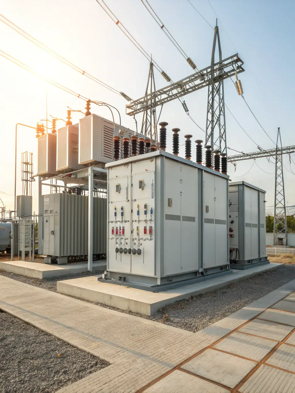 An aerial view of a modern, compact substation, emphasizing its integration into the urban or industrial landscape. The image should convey efficiency and minimal environmental impact.